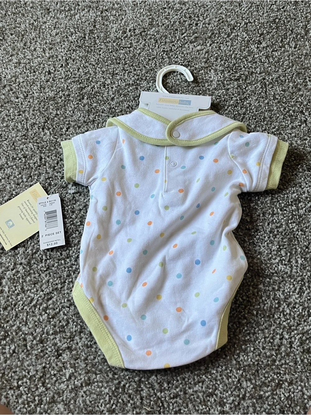 Vitamins Baby 2 Pc Set White Polka Dot One-Piece with Green Trim and Bib (3M)